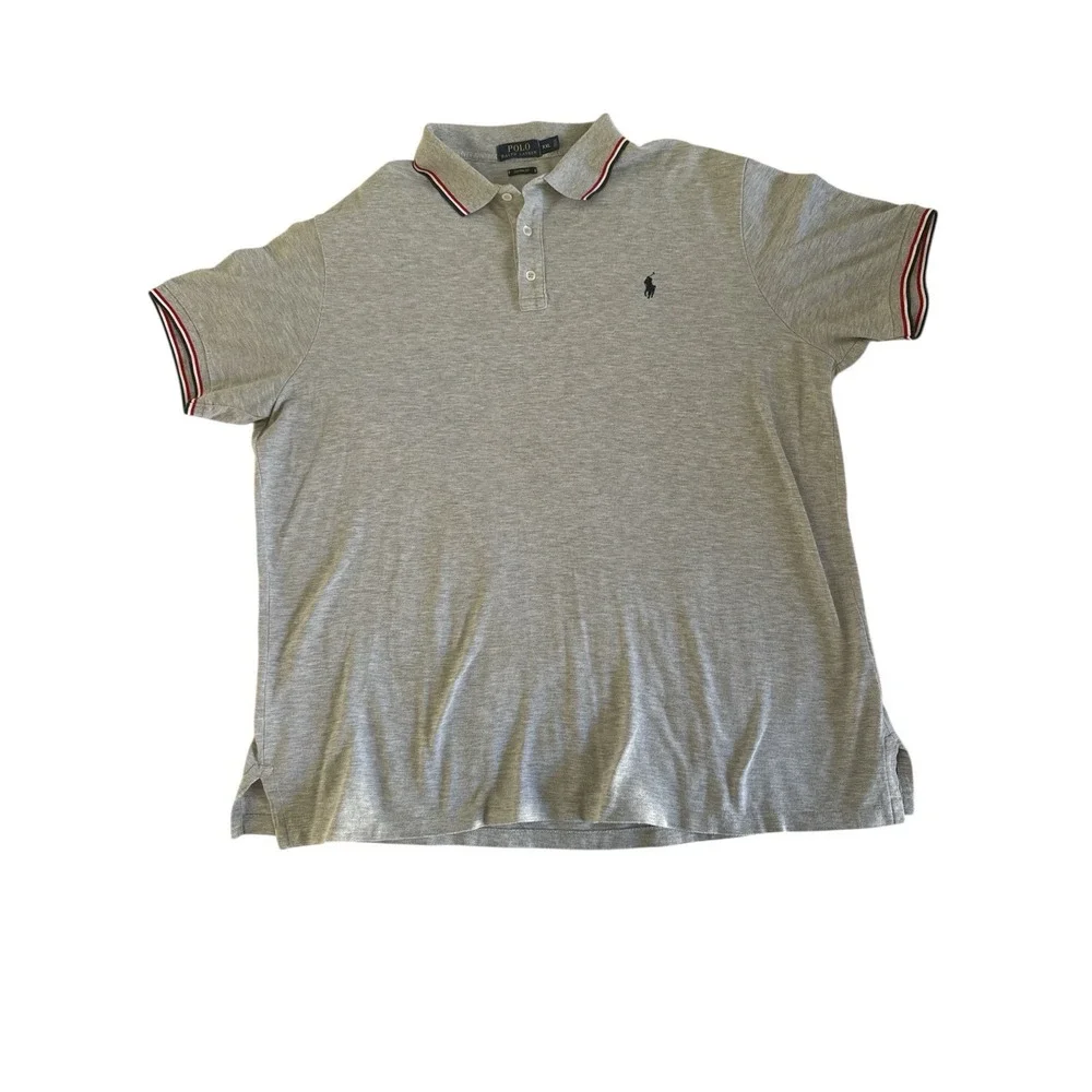 Ralph Lauren Gray Short Sleeve Custom Fit Polo With Striped Collar Edges‎ XXL